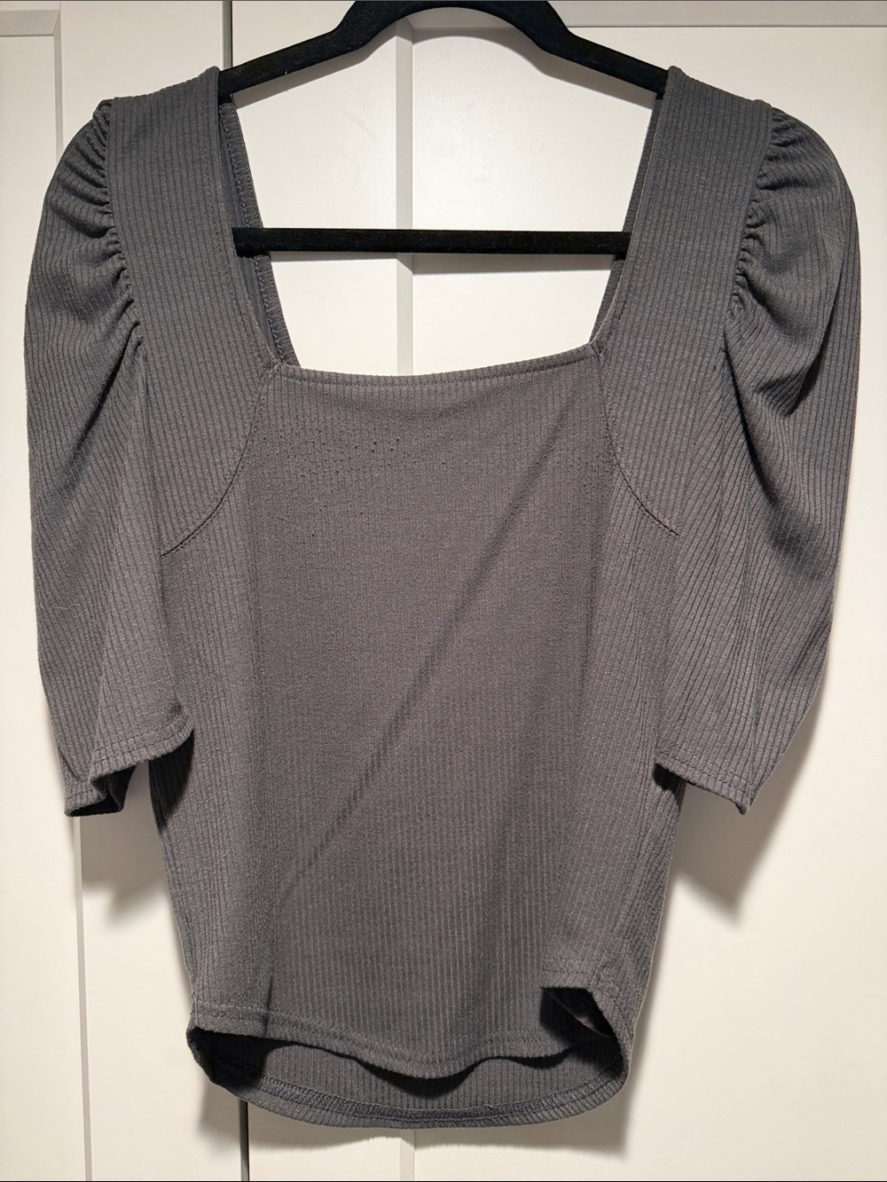 We The Free Ribbed Square-Neck Puff-Sleeve Top - Gray